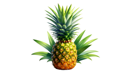 Ripe pineapple with spiky green crown and surrounding leaves, on a black background