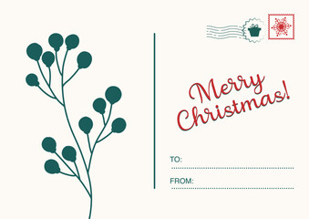 Retro Christmas postcard with a decorated evergreen tree and "Merry Christmas" text