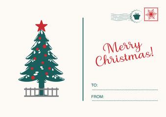 Retro Christmas postcard with a decorated evergreen tree and "Merry Christmas" text