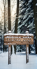 Rustic wooden sign in snowy winter forest reading "TRENDS 2026" &mdash; seasonal business concept

