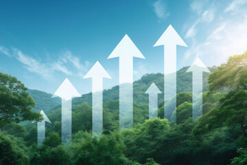 Sustainable growth concept with upward arrows and green forest