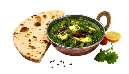 Palak paneer with naan, lemon, tomato, cilantro in copper bowl