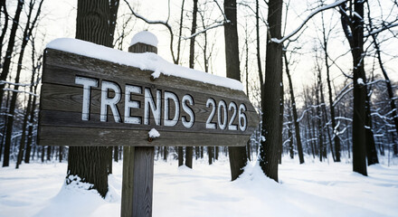 Rustic wooden sign in snowy winter forest reading "TRENDS 2026" &mdash; seasonal business concept

