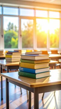 Stacked books on desk with sunlight streaming through classroom windows, learning resource for education