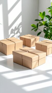 Four brown shipping boxes tied with twine on a white surface with plant and window shadow
