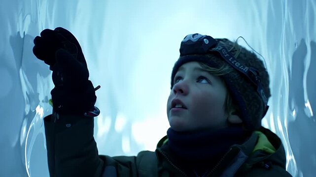 Young explorer venturing through an ice cave, discovering the wonders of frozen nature