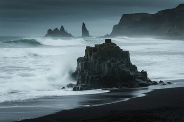 Stormy ocean waves crash against a rocky sea stack on a dark beach with distant cliffs under a gloomy sky