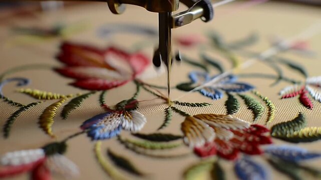 Detailed macro shot of a vintage embroidery machine creating intricate floral patterns