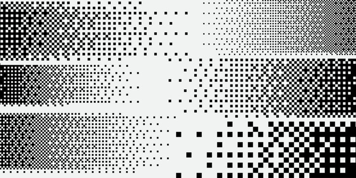 Pixel textures. Pixel disintegration background. Pixel effect. Dispersed dotted pattern. Disintegration Concept. Set pixel mosaic textures