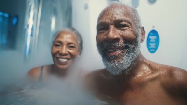 Smiling senior African American couple enjoying cryotherapy session. Wellness concept, biohacking, healthy lifestyle. Relaxing treatment, rejuvenation. Cold therapy.