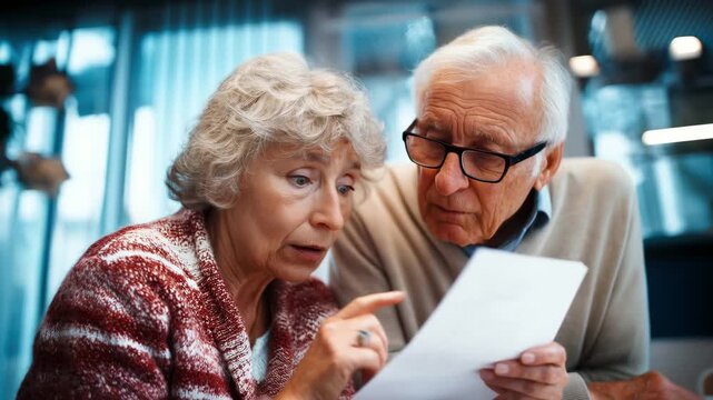 Senior couple reviewing longevity test results. Elderly woman surprised by bio age. Mature man analyzes data. Health checkup concept. Clinic setting, retirement lifestyle. Focus on wellness.
