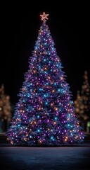 Colorful Christmas Tree with Lights at Night