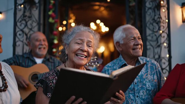 Joyful senior woman leads caroling. Elderly Mexican couple sings villancicos outdoors. Festive atmosphere, community gathering. Warm lighting, heartfelt expressions. Authentic cultural celebration.