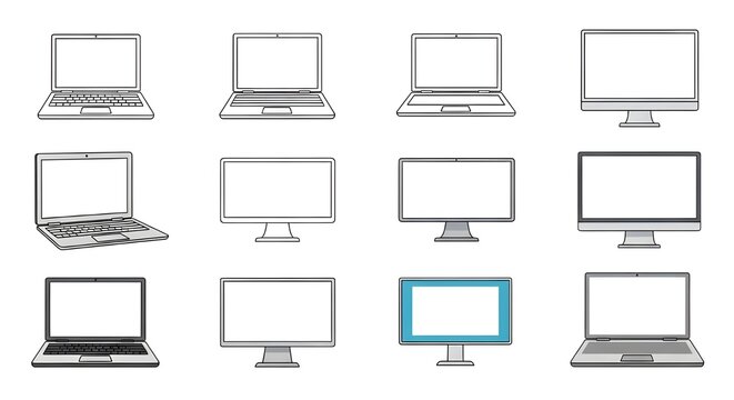 A comprehensive collection of 12 vector icons featuring various laptop and desktop monitor designs. This set includes both outline and solid styles, representing modern workstation setups, remote work