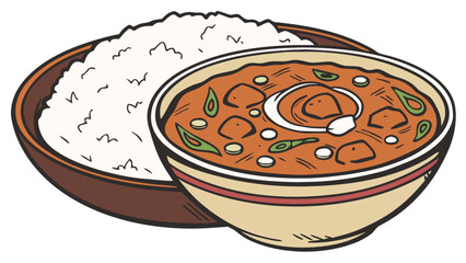 luxury realistic flat Indian curry bowl illustration, rich curry color tones, subtle oil highlights, rice with soft grain texture, clean flat shading with realistic depth