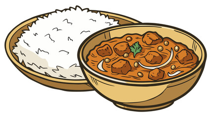 luxury realistic flat Indian curry bowl illustration, rich curry color tones, subtle oil highlights, rice with soft grain texture, clean flat shading with realistic depth