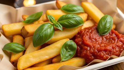 Golden fries with fresh basil and rich tomato dip—an elevated twist on a classic comfort snack.