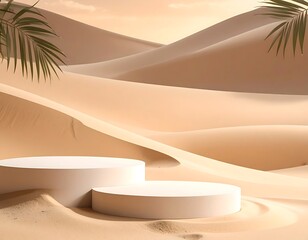 Two-tiered product podium on desert dunes, under a soft sky, framed by leafy fronds in a neutral, warm color scheme