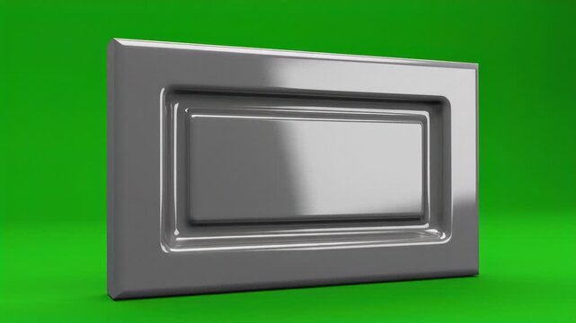 Silver Metallic Rectangular 3D Render Panel with Recessed Center on Green Background