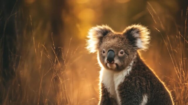 Solitary furry animal sits among tall grasses, bathed in warm golden sunset light in soft warm glow