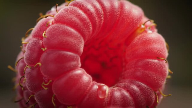 Macro view of ripe red berry drupelets with water droplet