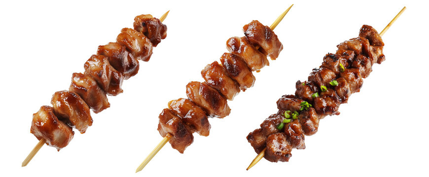 Grilled chicken yakitori skewer with teriyaki glaze or Isaw Filipino street food isolated on white transparent background
