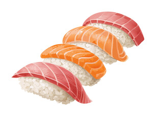 realistic luxury flat sushi nigiri set with salmon and tuna, refined rice texture, balanced shadows and highlights, minimal yet realistic color tones, premium Japanese cuisine illustration