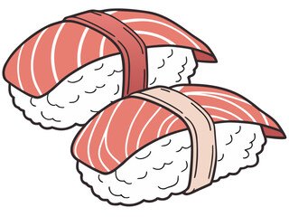 realistic luxury flat sushi nigiri set with salmon and tuna, refined rice texture, balanced shadows and highlights, minimal yet realistic color tones, premium Japanese cuisine illustration