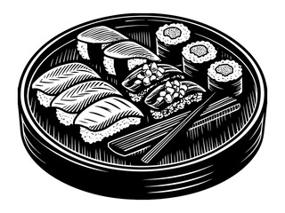 realistic luxury flat sushi nigiri set with salmon and tuna, refined rice texture, balanced shadows and highlights, minimal yet realistic color tones, premium Japanese cuisine illustration