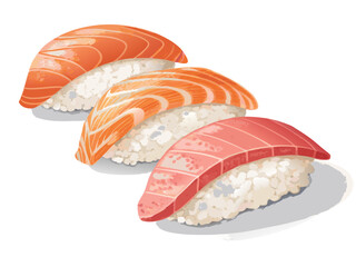 realistic luxury flat sushi nigiri set with salmon and tuna, refined rice texture, balanced shadows and highlights, minimal yet realistic color tones, premium Japanese cuisine illustration