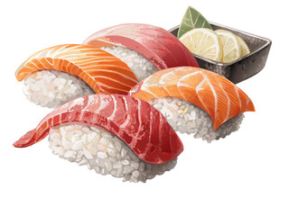 realistic luxury flat sushi nigiri set with salmon and tuna, refined rice texture, balanced shadows and highlights, minimal yet realistic color tones, premium Japanese cuisine illustration