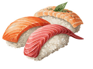 realistic luxury flat sushi nigiri set with salmon and tuna, refined rice texture, balanced shadows and highlights, minimal yet realistic color tones, premium Japanese cuisine illustration
