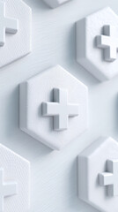 Obraz premium Minimal white medical background with embossed hexagon tile and cross symbol evoking sterile design and healthcare calm