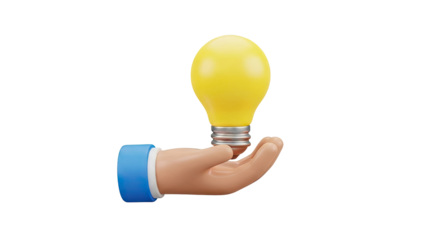 3D Cartoon Hand Holding a Glowing Yellow Light Bulb