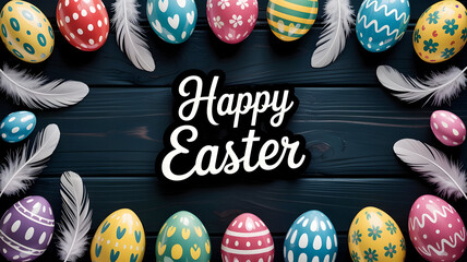 Vibrant easter eggs and feathers on dark wood background with happy easter greeting
