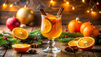 Festive beverage with oranges, cinnamon, and decorations on a wooden table