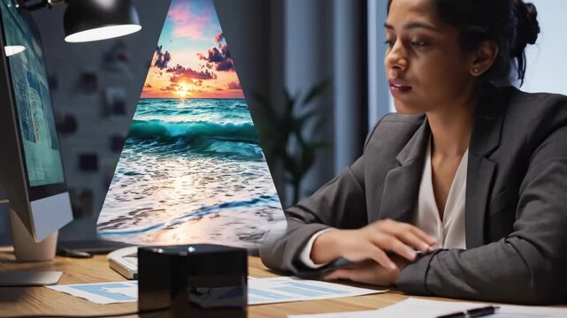 Asian Businesswoman Gazes At Holographic Ocean, Projection Towering Above Workstation During Late Shift, Scattered Paperwork, Warm Sunset Waves Contrasting Cool Office Light, Tired Expression.