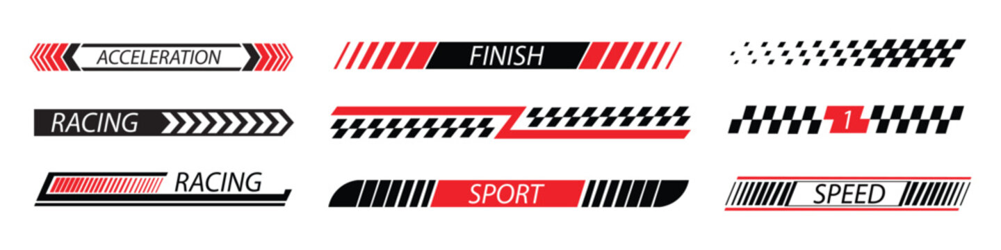 Sport racing stripes icon set vector. turbo power, speed and drift vinyl decal for car bike and truck. checkered flag and sport themes symbol. vector illustration.