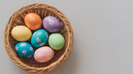 Colorful easter eggs in a woven basket