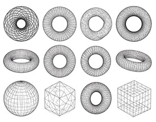 Twelve wireframe geometric shapes arranged in a grid pattern
