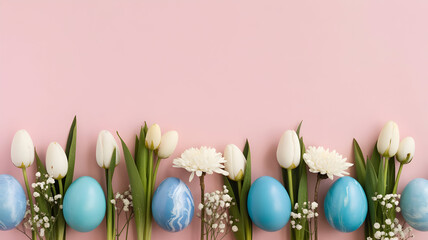 Easter eggs and flowers on a pink background