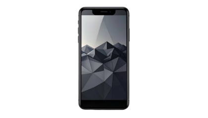Sleek smartphone with modern design, abstract geometric wallpaper, centered on black background
