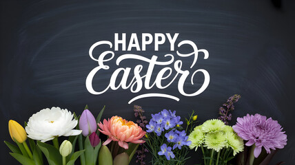 Happy easter wishes with colorful spring flowers