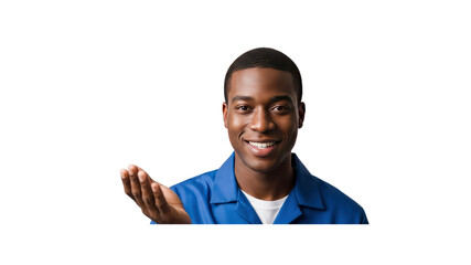 Man smiling with open palm invitation