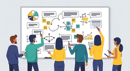 Team collaborating on a whiteboard with a business strategy diagram.