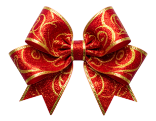 Glittering red bow with golden swirls and trim, isolated on black background