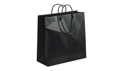 An angled view of a dark shopping bag with geometric facets and thin handles, isolated