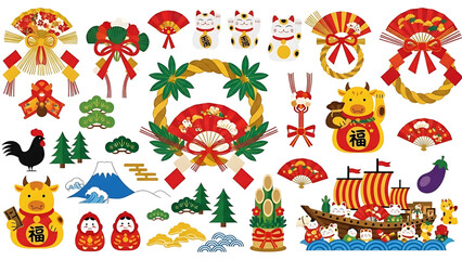 Fototapeta premium Japanese New Year 2026 Vector Illustration Set – Year of the Horse, Traditional Decorations, Greeting Cards and Seasonal Elements 