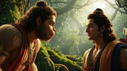 Hanuman and Rama sharing a moment of serenity in the tranquil forest atmosphere with lush greenery