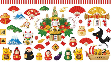 Fototapeta premium Japanese New Year 2026 Vector Illustration Set – Year of the Horse, Traditional Decorations, Greeting Cards and Seasonal Elements 
